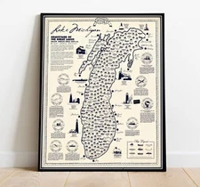 Lake Michigan Shipwrecks Map Since 1600 AD Wall Art Poster Nautical Naval Decor