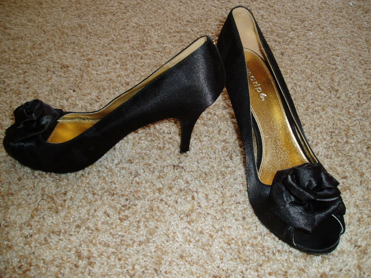 MARIPE Black Satin Shoes Heels 9.5 Open Toe Flower Accent Leather