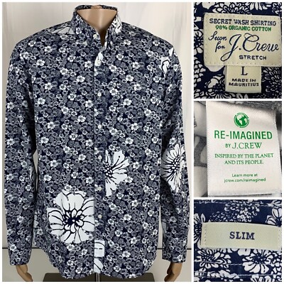 J Crew Men's Large slim stretch Secret Wash shirt Blue Floral
