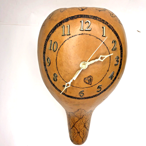 Handcrafted Gourd CLOCK Pyrography Art Wall Burned Home Decor Works Granny Core - Picture 4 of 13