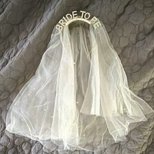 White Net Short Bridal Veil Headband Headpiece with "BRIDE TO BE"