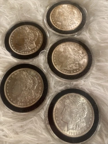 1921 Morgan US Silver Dollar Coins. Lot of 5. Very Good Condition Nice Coins