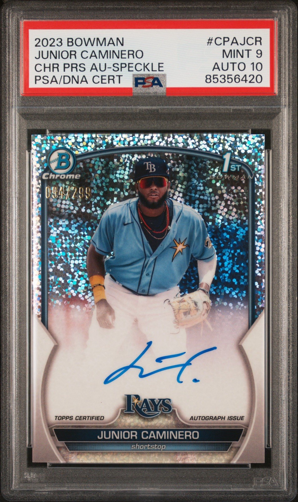 2023 Bowman Chrome 1st Junior Caminero Speckle Refractor /299 PSA 9 Auto 10