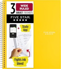 Five Star Spiral Notebook  Study App, 3 Subject, Wide Ruled Paper, 8" x 10-1/2"
