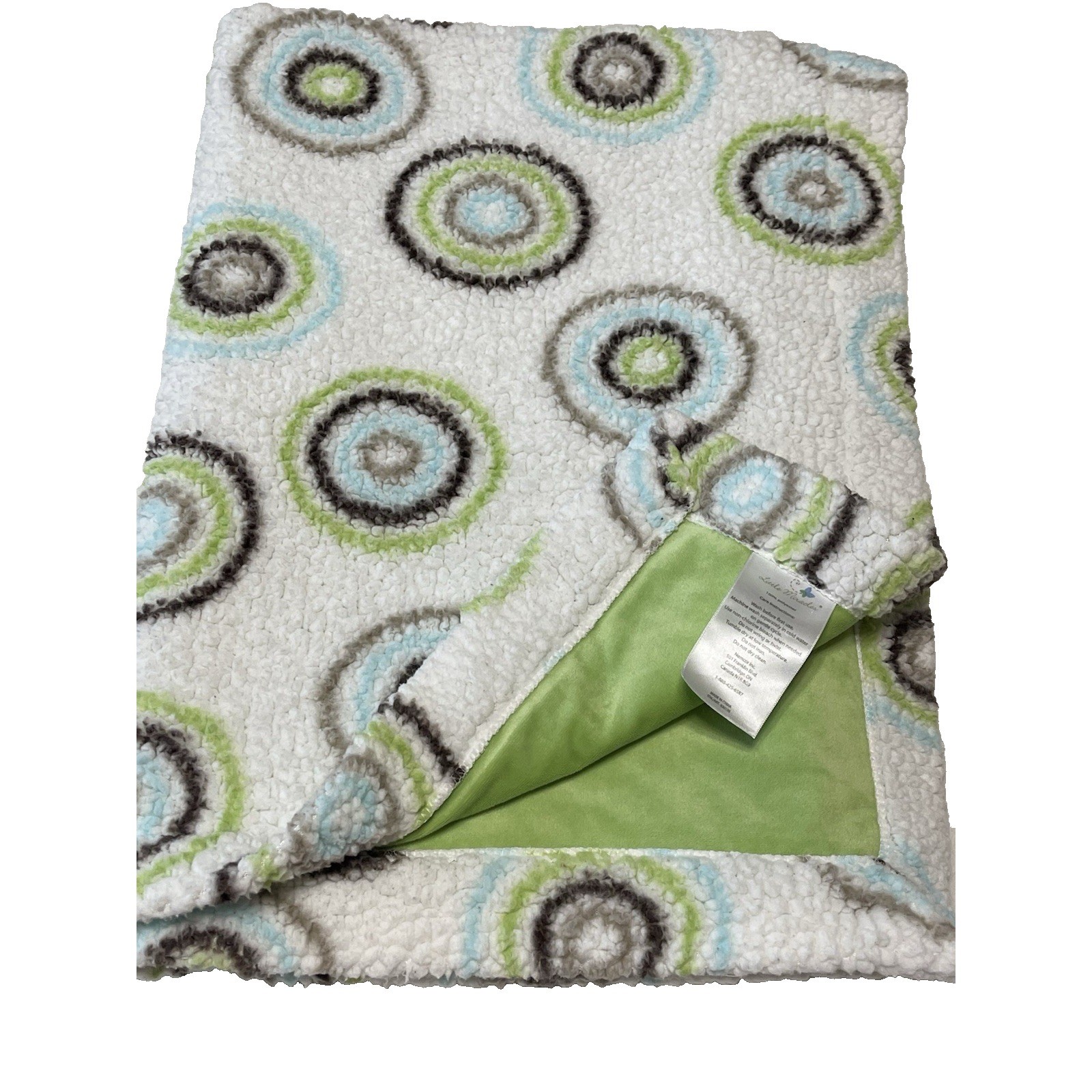 Little Miracles Costco Baby Blanket White Sherpa Brown Aqua Green Circles Velour