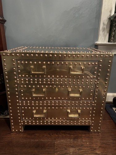 Sarreid Brass Clad Compact 3 Drawer Chest Night Stand Table Rivet Accent Decor