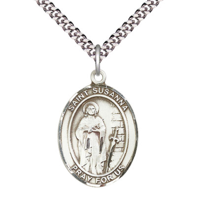 Large Pewter Saint Susanna Medal Pendant 24'' Lobster Claw Chain Necklace w/ Box