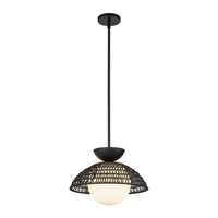 Pendelleuchte HäNgelampe E27 Glas Metall Rattan Rund Ø 37,5 Cm Schwarz Weiß