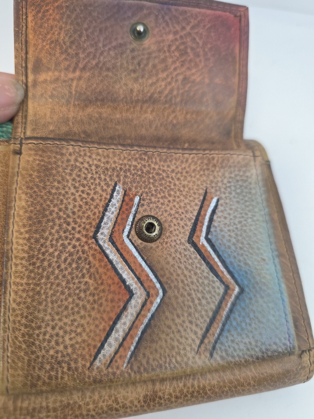 Anuschka Leather Tri-Fold Wallet Hand Painted Southwestern Tribal Colorful image 3