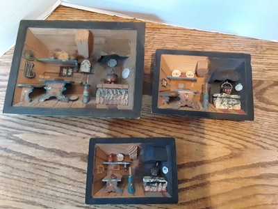 VTG Set Italian Folk Art 3D Wood Diorama Hand painted Kitchen Cottage Wall Decor