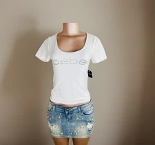 NWT Bebe White Rhinestone Bling Spell out Logo Nylon Tee Shirt Top Women’s Large