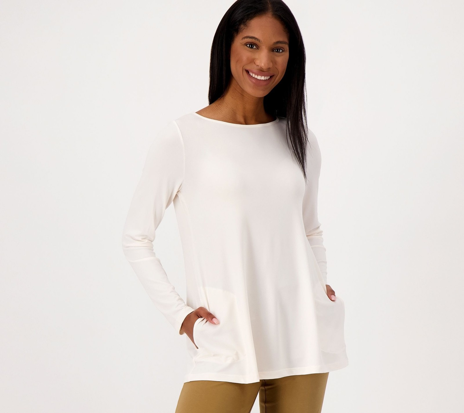 Susan Graver Women's Top Sz L Essentials Liquid Knit Tunic White A544638