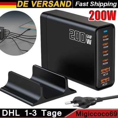 USB-C Ladegerät, 200W Schnellladegerät für Laptops, 6-Port-USB Mehrfach,GaN III