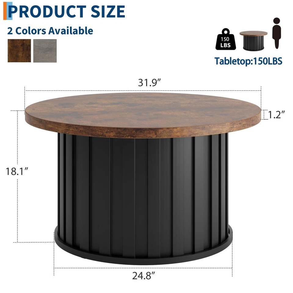 Round Coffee Table with Metal Base, Mid Century Modern Design, 31.9" Fluted C... - Image 2 of 4