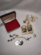 Case With Religious  Items, Rosary Bracelet, Scapulars, Pendant, Sacred Heart
