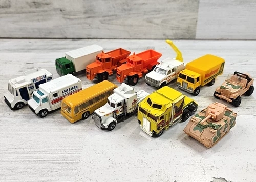 1980s Vintage Hot Wheels Car Lot Of 12 Utility Semi Trucks Bus Military