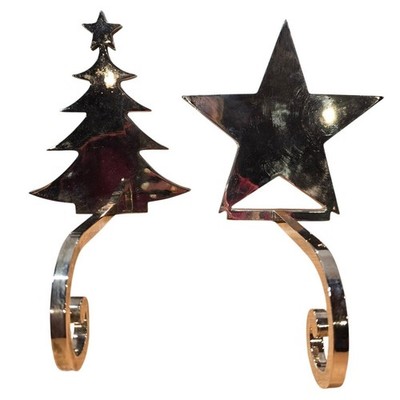 Two Silver Colored Christmas Stocking Hangers Star Tree 6'' Heavy Mantel
