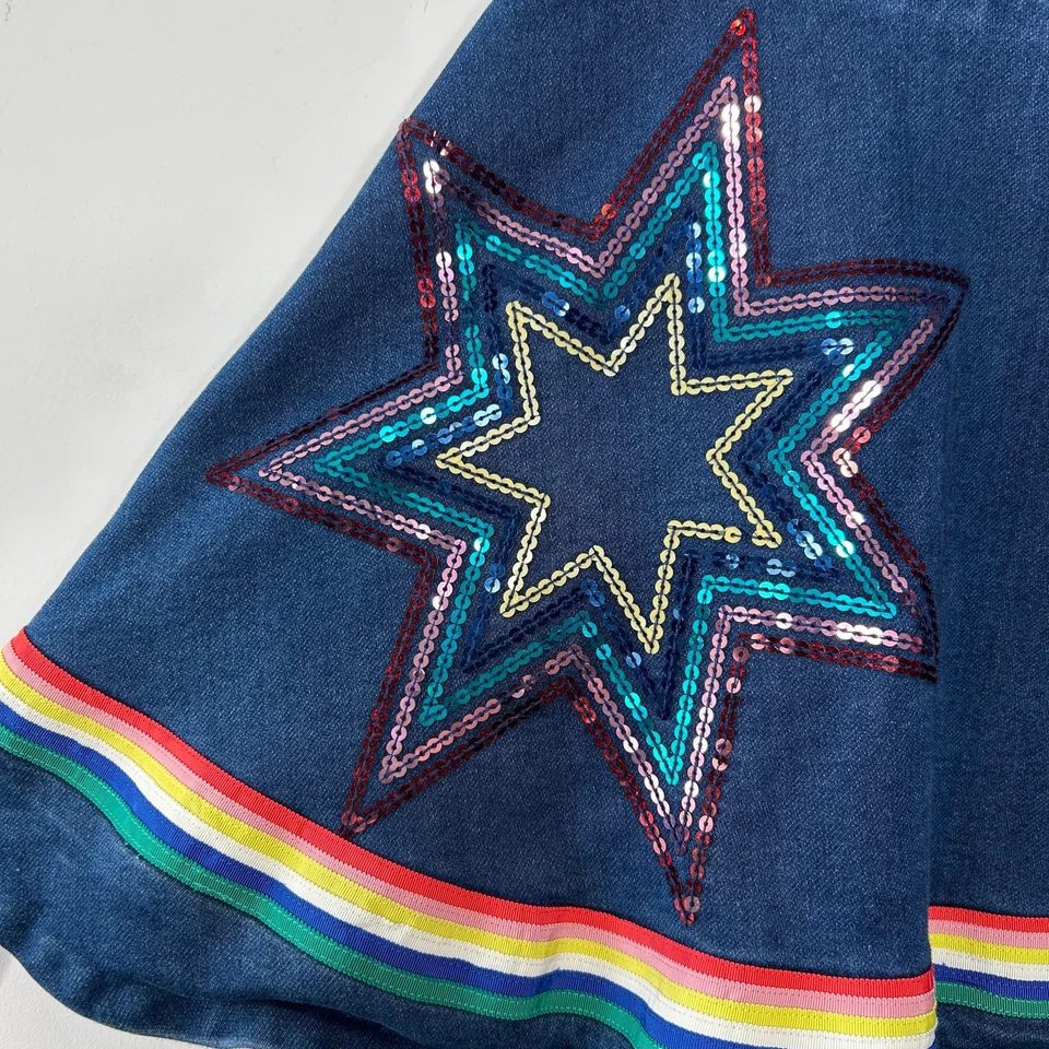 MINI BODEN Dress Girls Size 5-6Y Denim Rainbow Sequin Retro Skater Stars Unique - Image 2 of 4