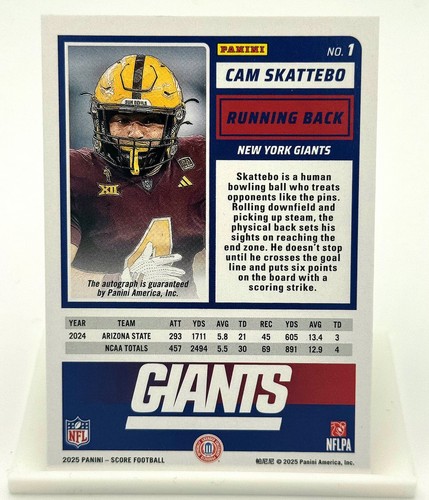 PACK FRESH 2025 Panini Score Cam Skattebo Rookies RC Auto Signatures Rookie #1 - Picture 2 of 2