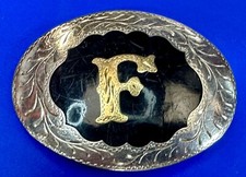 Initial Custom Letter F Vintage Black Enamel Inlaid Vtg. Engraved Belt Buckle