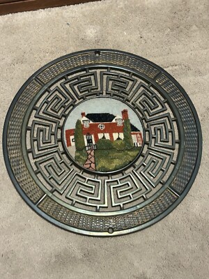 Vintage Needlepoint Country Landscape Circular Metal Greek Key Geometric Frame