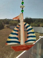 SAILBOAT GLASS ART VINTAGE HANDMADE PAINTED SUNCATCHER NAUTICAL BEACH COTTAGE