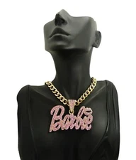 Women Gold Plated Pink Barbie Iced Cubic Zirconia Charm & Cuban Chain Necklace