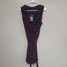 CHAPS-NAVY/RED-FLORAL-CROSSOVER-RUFFLED-TIE BELT-FIT & FLARE DRESS-SIZE 14 NWT