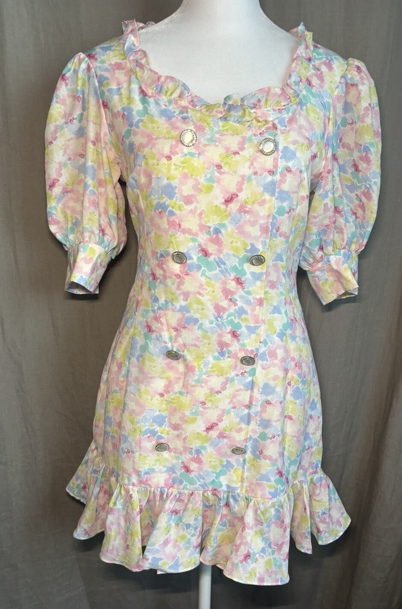 Cottagecore Coquette PUFF SLEEVE FLORAL DRESS Rhinestone Buttons Vintage  Retro | eBay