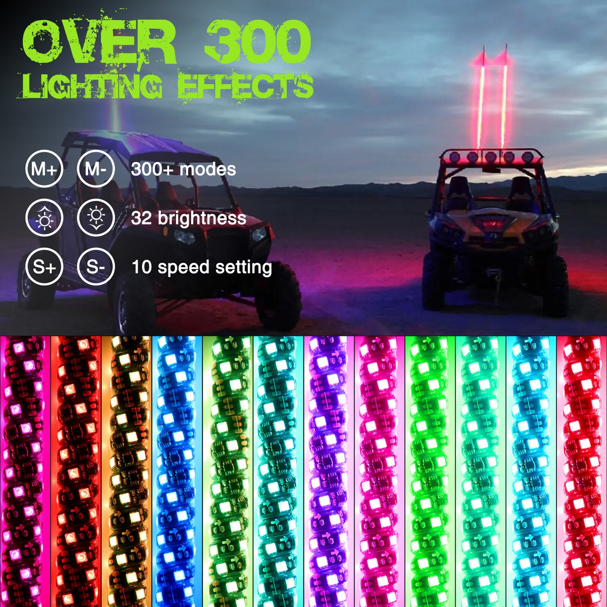 2x 1ft RGB LED Whip Spiral Lights Antenna ATV UTV For Kawasaki