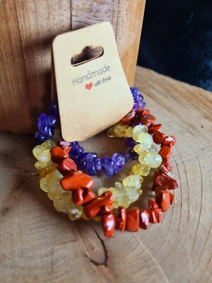 3er Set Kristall Armbänder: Citrin, Amethyst, roter Jaspis, einzigartiges Armbänder Set,