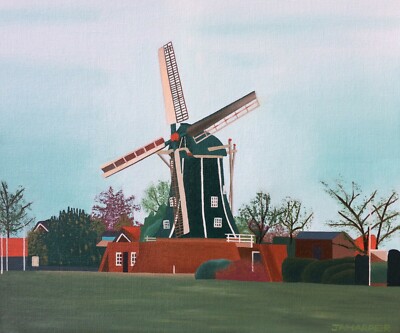 Windmühle Original Ölgemälde gerahmt Holländische Landschaft Holland grün rot blau