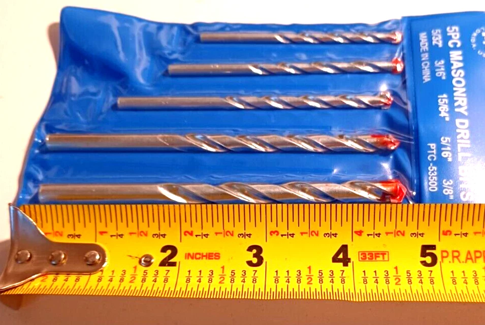 MASONRY DRILL BITS SET 5PC. 5 32 3 16 15 64 5 16 3 8 INCH
