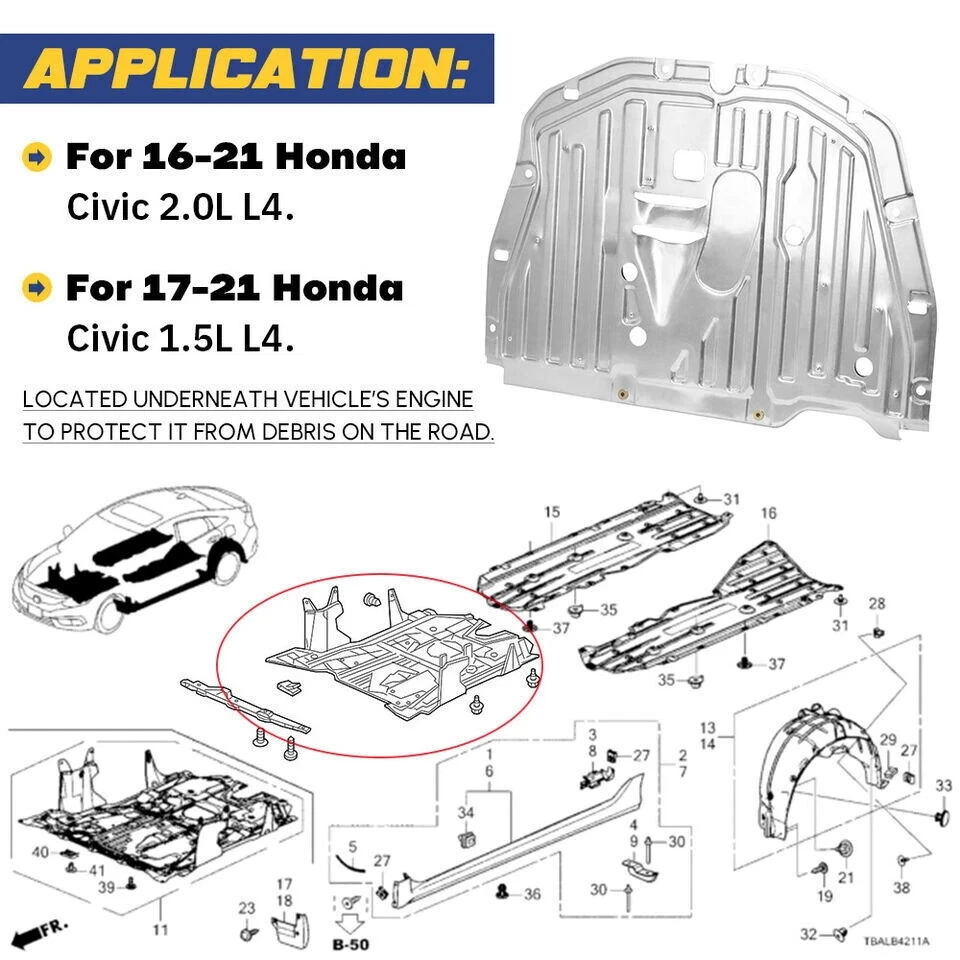 Placa de deslizamiento delantera para cubierta protectora de motor Honda Civic 16-21 protector contra salpicaduras aleación de aluminio Foto 3 de 4