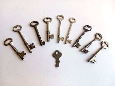 10 Antique Skeleton Keys, Corbin YY3 & P1, Arrow Lock Co, Germany Solid Barrels