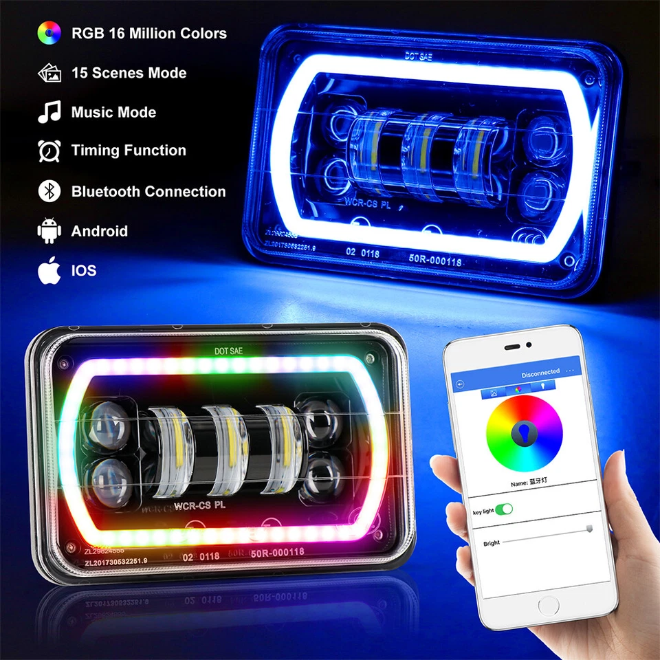 4PCS 4x6" RGB LED Headlights Hi/Lo Beam For Cadillac Fleetwood DeVille 1975-1986 - Image 3 of 4