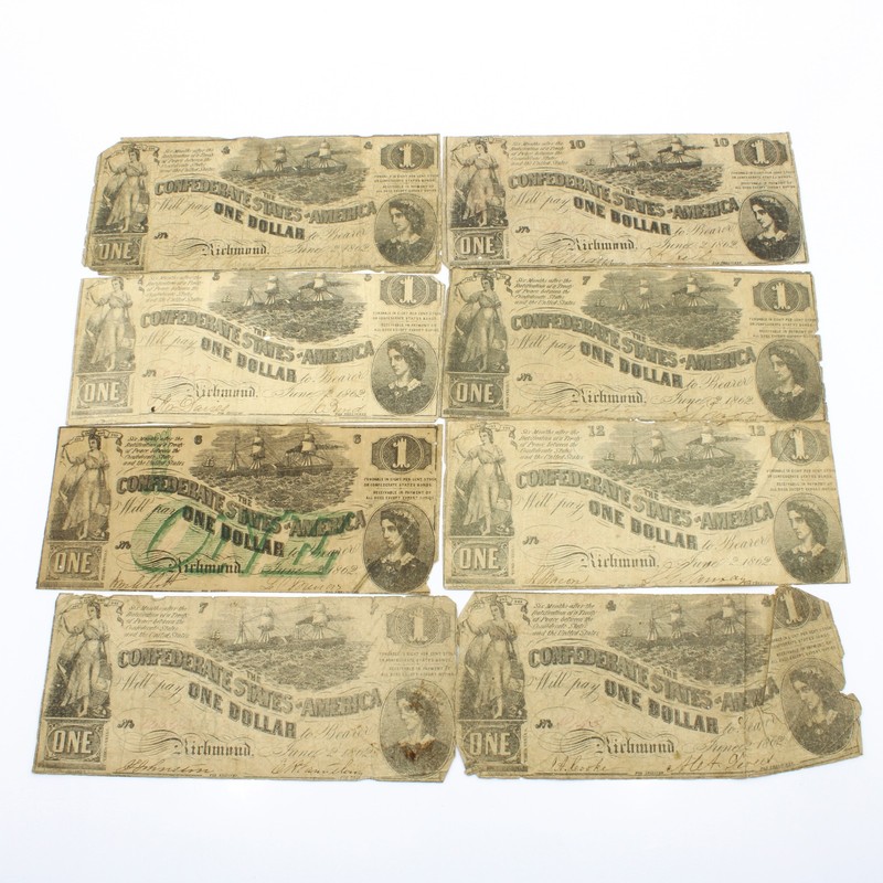 June 2nd 1862 Confederate States of America $1 Greyback Note Lot of 8 #C858-4