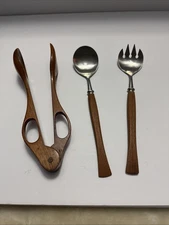 Danish Modern Norway Stainless 2-Pc Salad Serving Teak Handles MCM Plus Tongs
