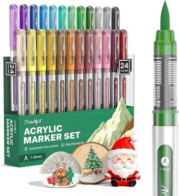 JusArt Acrylstifte 24 Farben set,1 8 mm Wasserfester Acrylmarker Pinsel Tip,