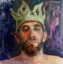 Original Oil Portrait Young Bearded Man Crown  Contemporary Realism Art Signed 