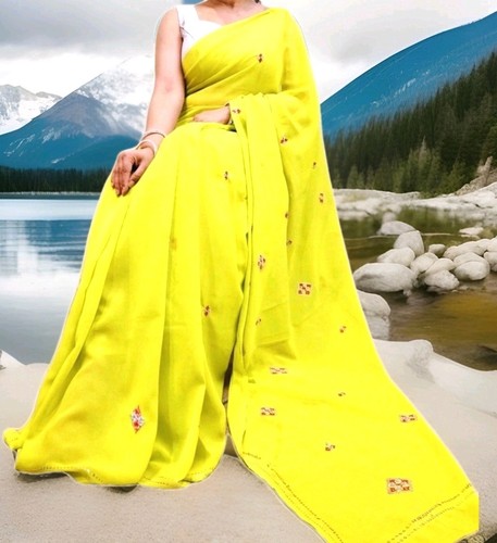 Sari Indiano Bollywood In Cotone E Seta, Colore Giallo E Beige. Perfetto Per Feste E Cerimonie, Taglia 42.