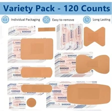 Assorted Adhesive Bandages 120 Count Variety Pack 4-Sided Seal First Aid Strips