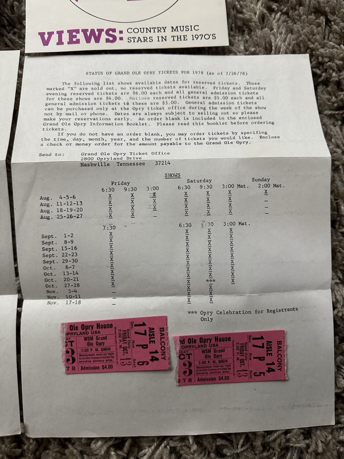 Vintage 1978 Opryland Ephemera Lot Tourist Souvenir Ticket Stubs Postcards Rare