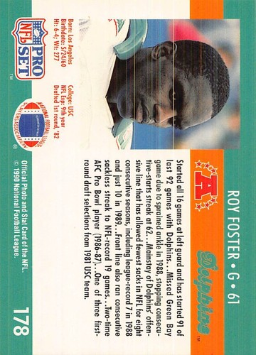 Roy Foster 1990 Pro Set 178 Miami Dolphins Football Card - Picture 2 of 2