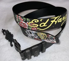 ED HARDY MENS BLACK SKULL & FLOWERS PYRAMID STUD LEATHER BELT SZIE 42 NEW