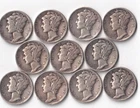 Eleven Mercury Dimes - 35P, 39D, 41P (2), 42P, 44P (3), 44S, 45P, 45S - ALL VG