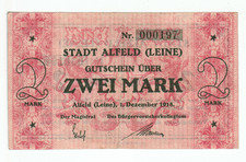 GERMANY BANKNOTE 2 MARK STADT-ALFELD 1918