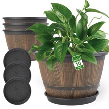 10-inch-Plant-Pots-Indoor-Outdoor, 4 Pack Whiskey Barrel Planters with Draina...