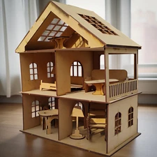 Wooden Dollhouse Plywood DIY Kit with Furniture- Ideal Gift & School Project