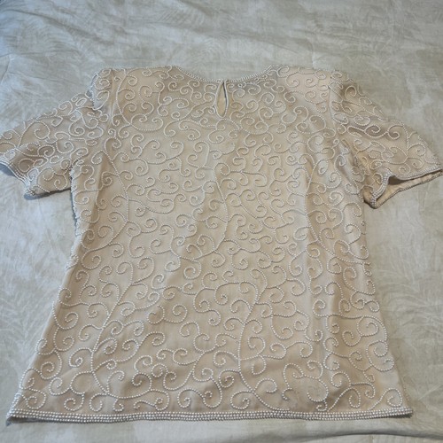 Vintage Lawrence Kazar Silk White Embellished Beaded Evening Blouse, Large - Picture 10 of 13